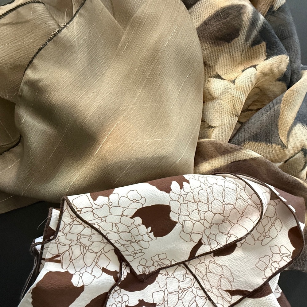 Vintage Mixed Floral and Metallic Scarf Lot Brown Gold Tan 3-Piece‎ Set